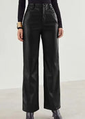 Victoria slim fit black leather trousers for women by Lumina Wear, showcasing soft finish and tailored fit.