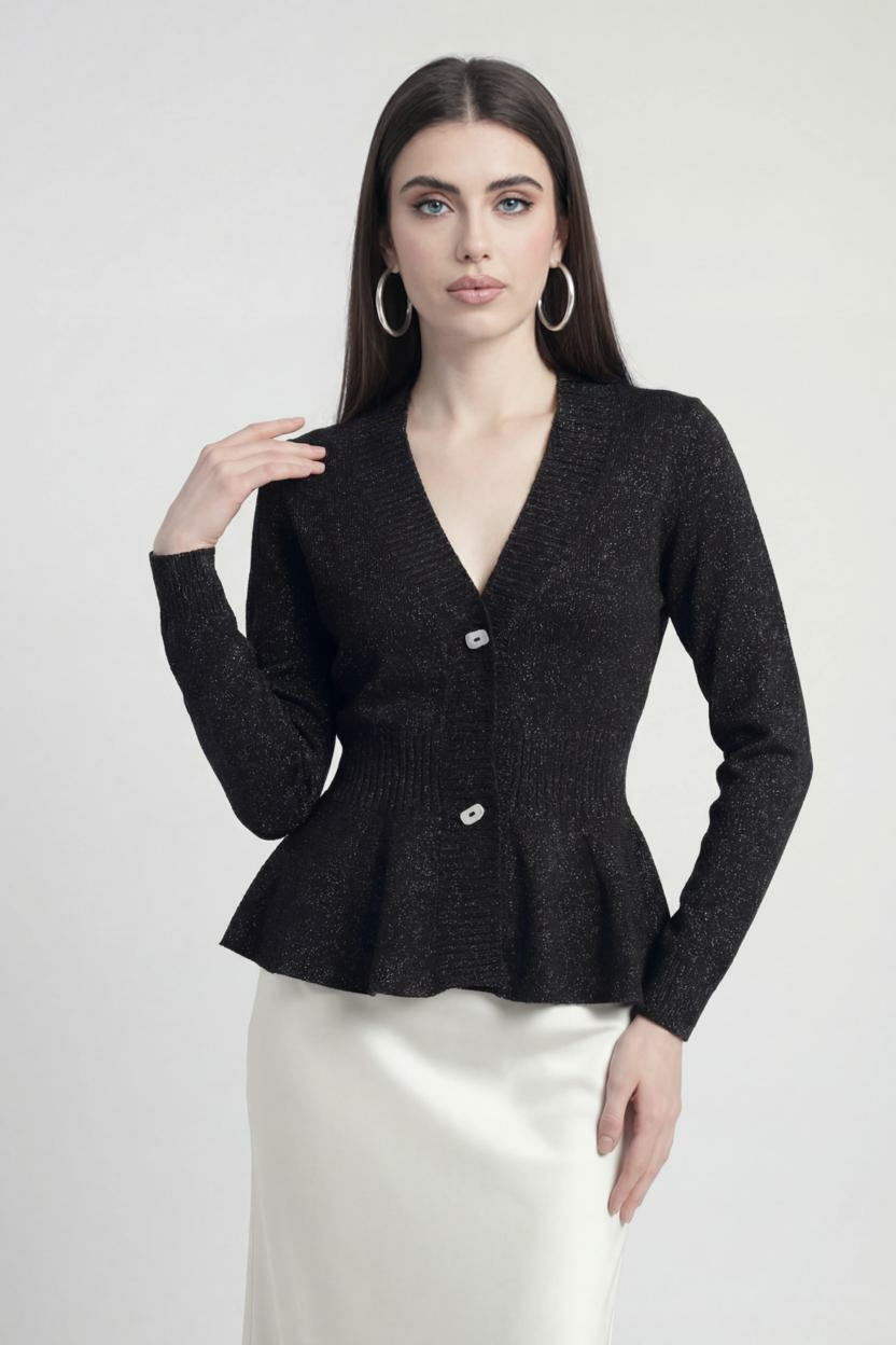 Victoria Lumina black cardigan sweater with open front, soft knit, long sleeves, casual style, perfect for layering.