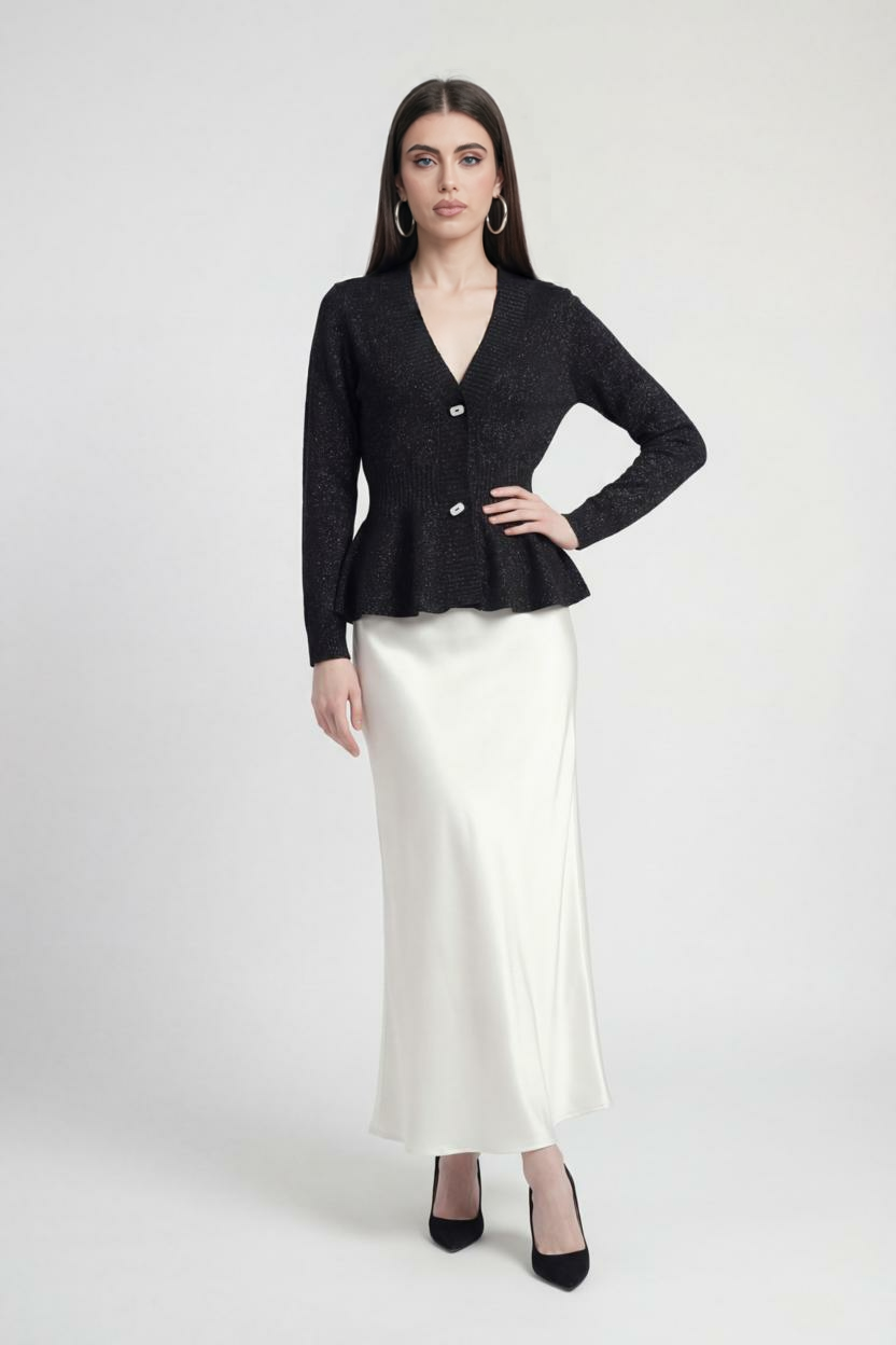 Lumina Wear Victoria soft black cardigan sweater with open front design, long sleeves, and cozy knit fabric.