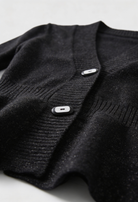 Lumina Wear Victoria black cardigan sweater with open front design, soft knit fabric, styled casually.