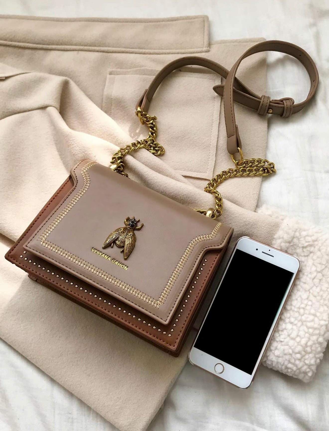 Lumina Wear Victoria structured chain handbag with chic detailing, khaki color, elegant design, and versatile style.