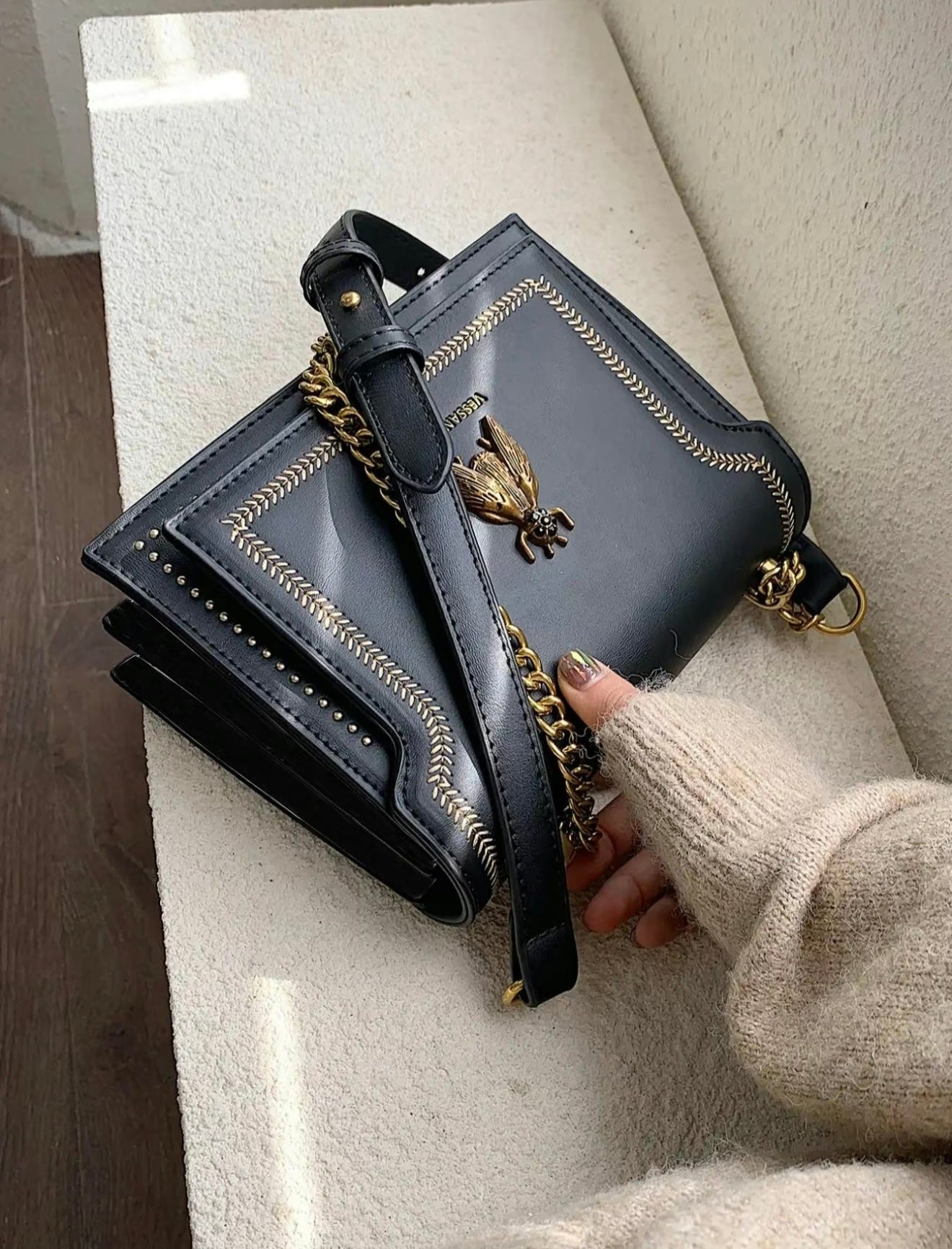 Lumina Wear Victoria structured chain bag in khaki with elegant detailing, chic design, and sophisticated handbag style.