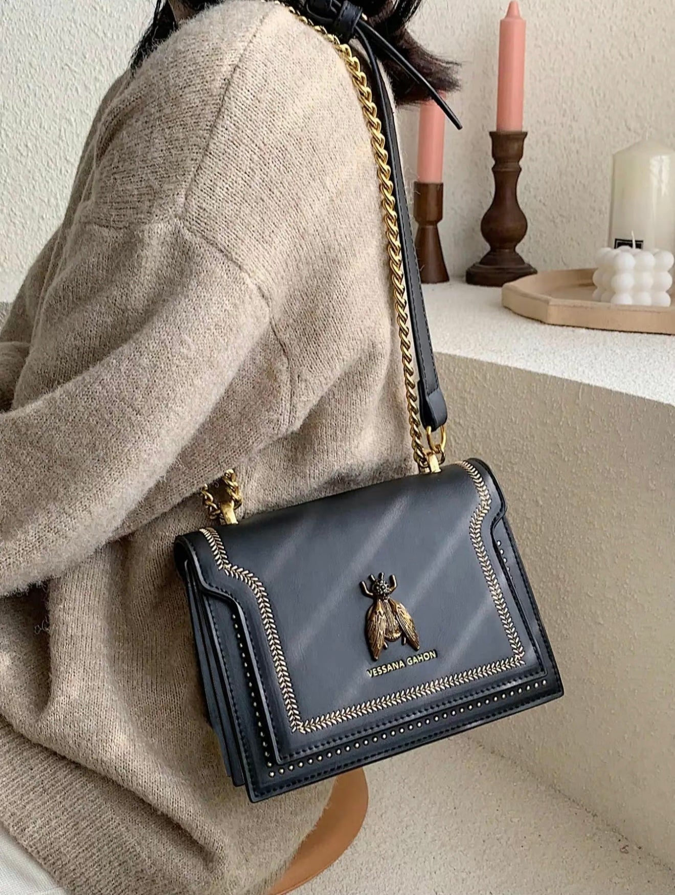 Lumina Wear Victoria structured chain bag in khaki with elegant detailing, stylish handbag with chic accents.