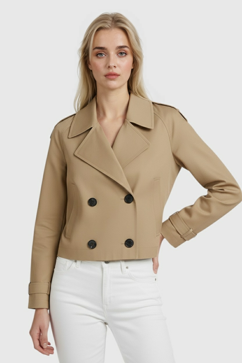 Lumina Wear Victoria khaki windbreaker with double-breasted design, stylish women's jacket with adjustable waist and front pockets.