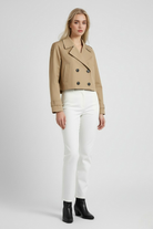 Lumina Wear Victoria khaki women's windbreaker with double-breasted design, stylish lightweight jacket for versatile outdoor wear.