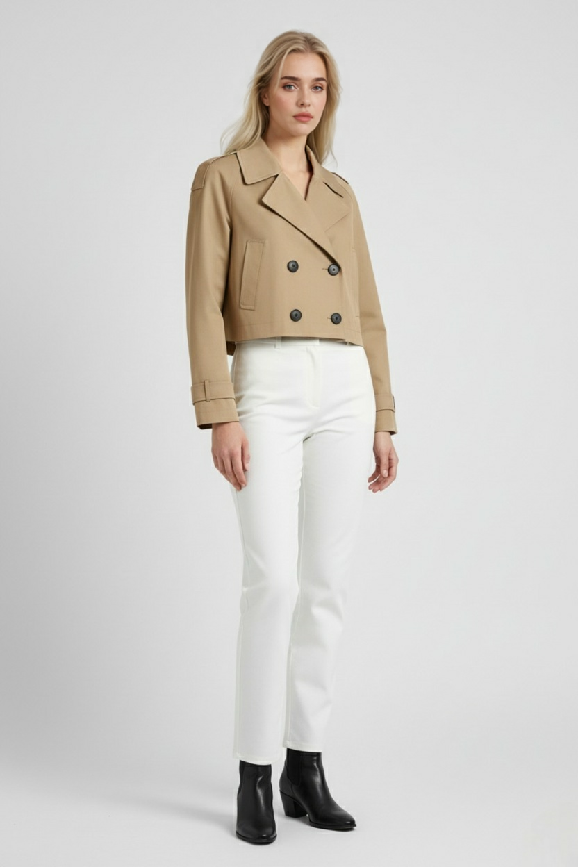 Lumina Wear Victoria khaki women's windbreaker with double-breasted design, stylish lightweight jacket for versatile outdoor wear.