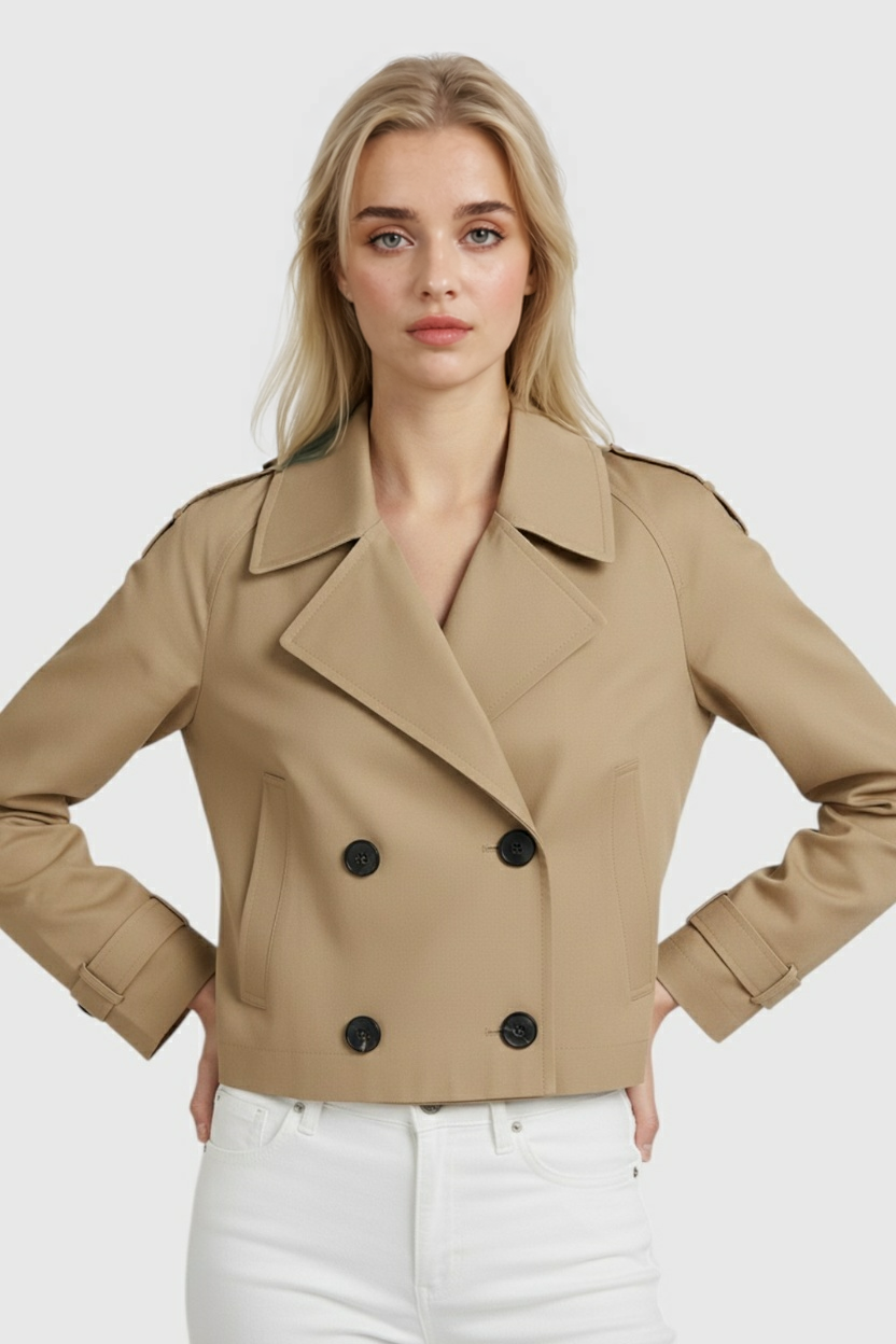 Victoria women's khaki windbreaker by Lumina Wear featuring a double-breasted design and stylish lightweight jacket for women.