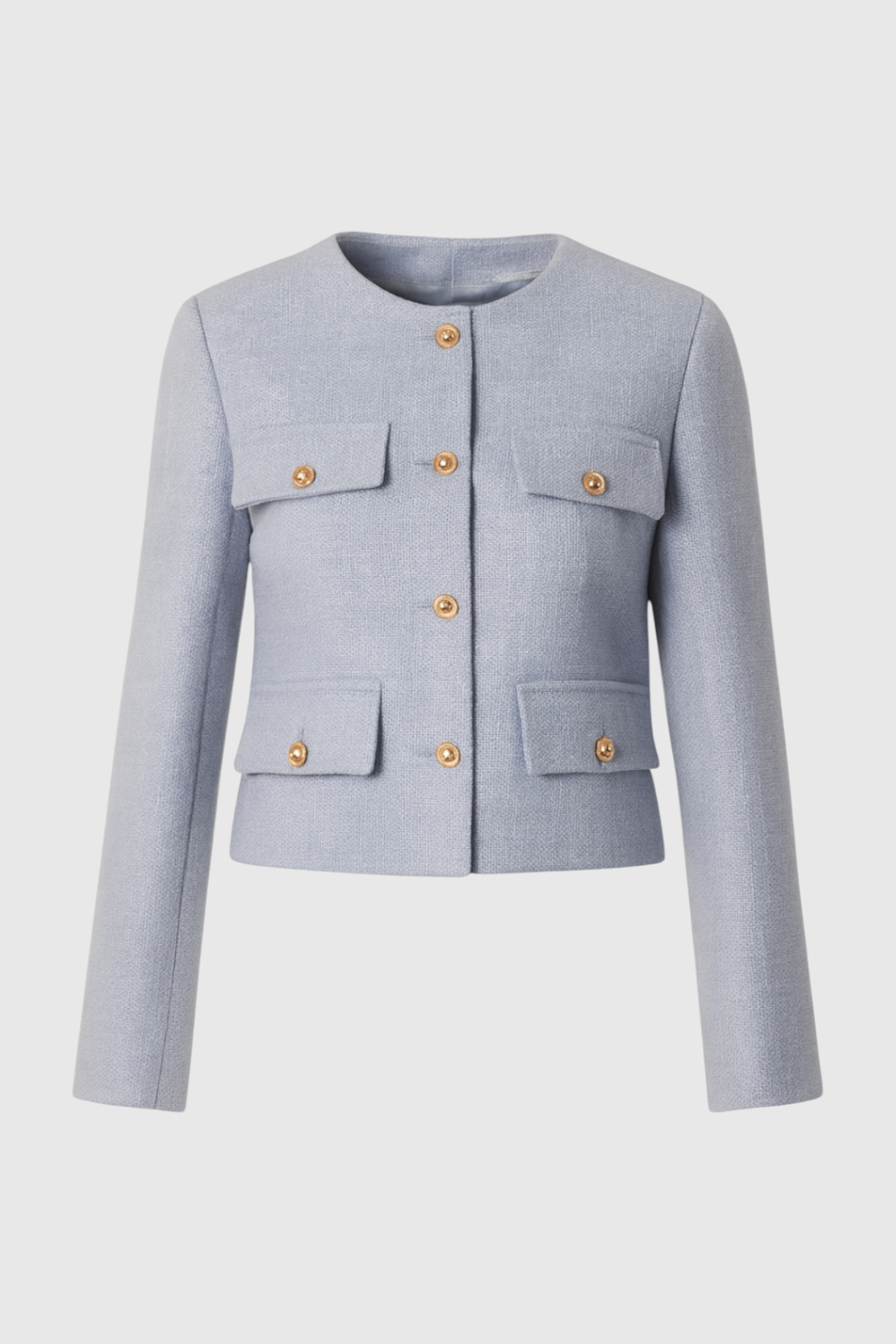 Light blue women's short jacket from Lumina Wear, stylish and versatile design, perfect for casual and semi-formal wear.