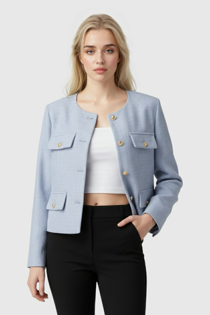 Light blue women's short jacket from Lumina Wear, stylish and versatile design, shown on a model.