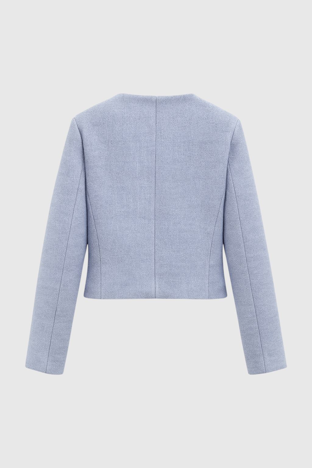 Light blue women's short jacket by Lumina Wear, stylish and versatile design perfect for casual or semi-formal outfits.