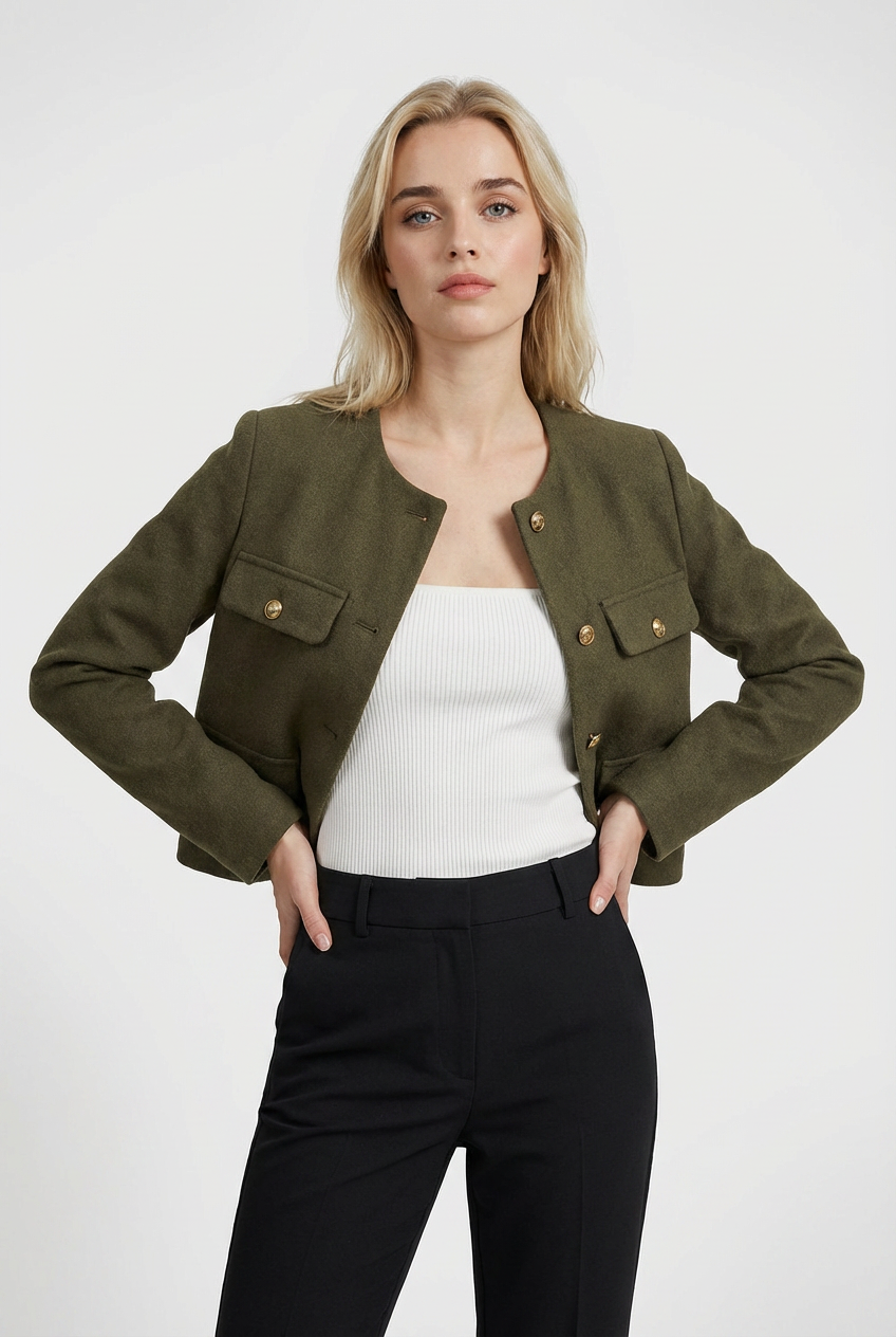 Olive green Victoria women's short jacket by Lumina Wear with versatile design, stylish fit, and lightweight fabric.