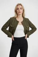Olive green Lumina Wear Victoria short jacket with versatile design, stylish fit, and lightweight fabric for women.