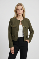 Olive green women's short jacket from Lumina Wear, featuring a stylish, versatile design for casual and layered looks.