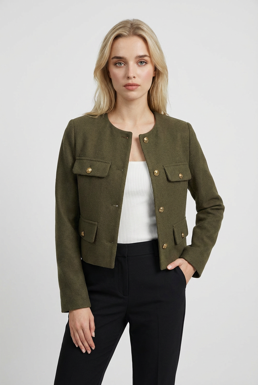 Olive green women's short jacket from Lumina Wear, featuring a stylish, versatile design for casual and layered looks.