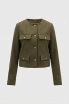 Olive green women's short jacket by Lumina Wear, stylish and versatile with a modern design, perfect for casual wear.