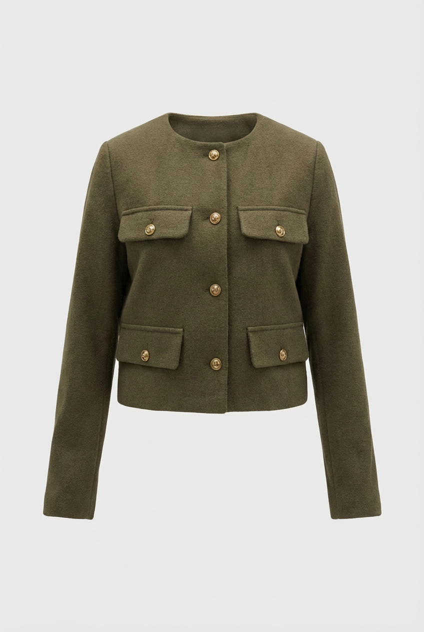 Olive green women's short jacket by Lumina Wear, stylish and versatile with a modern design, perfect for casual wear.