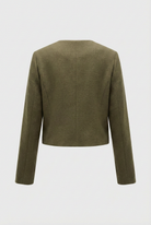 Olive green women's short jacket by Lumina Wear, stylish with versatile design, perfect for casual or semi-formal wear.