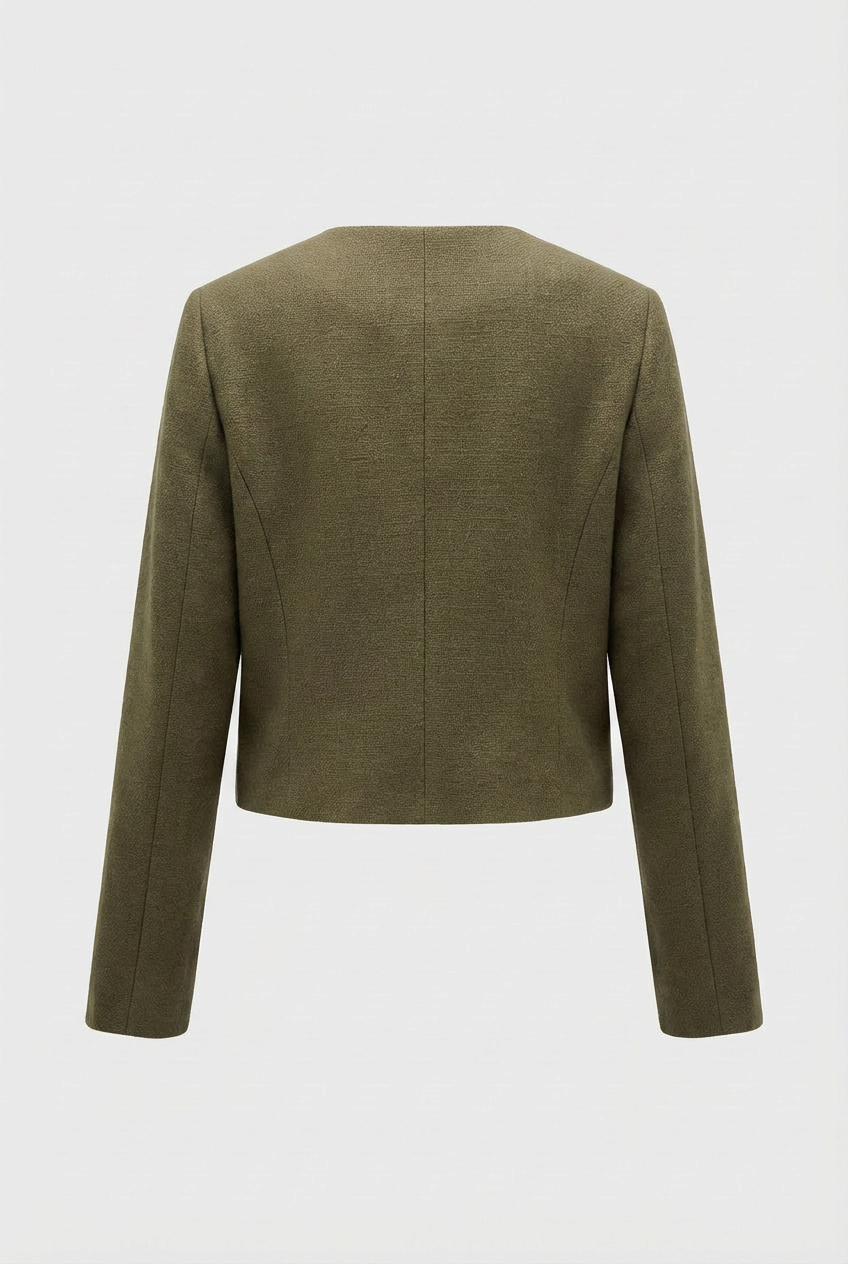 Olive green women's short jacket by Lumina Wear, stylish with versatile design, perfect for casual or semi-formal wear.