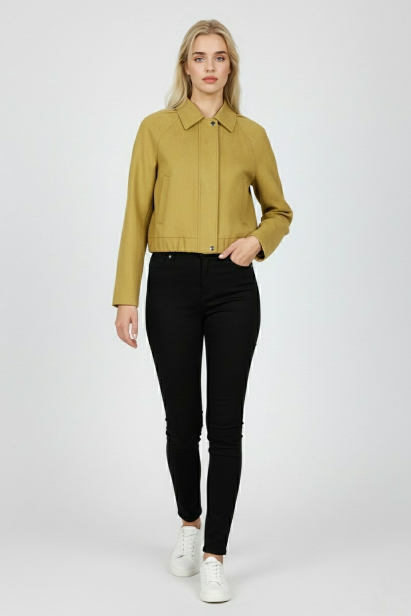 Bright yellow Victoria bomber jacket by Lumina Wear featuring trendy details and stylish design, perfect for a modern casual look.