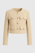 Victoria Lumina champagne short jacket with cozy fit, tailored design, perfect for women's fashion, in soft champagne color.
