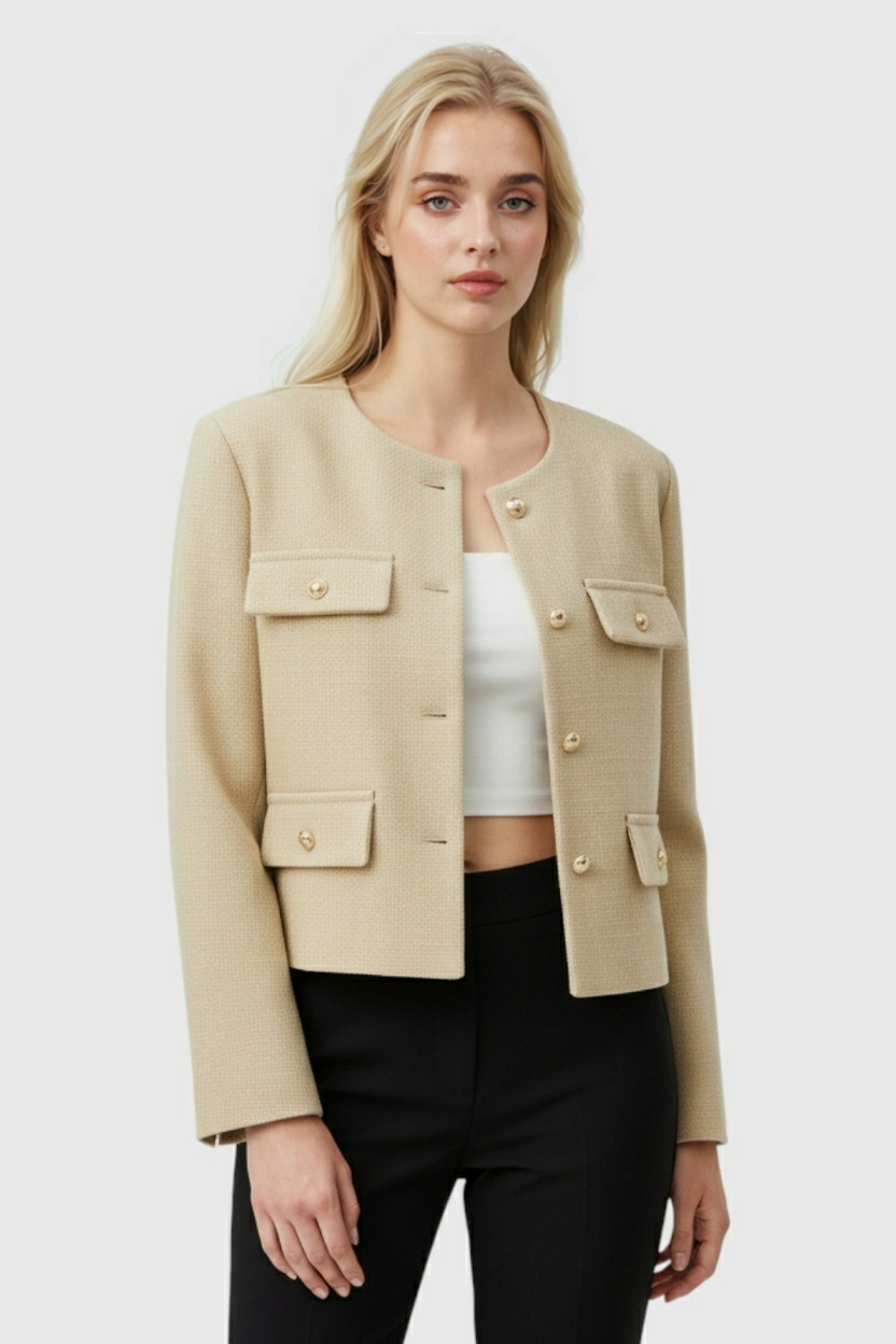 Lumina Wear Victoria champagne short jacket for women with a tailored fit and cozy style, perfect for stylish layering.