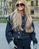 Lumina Wear Victoria women's tailored cropped jacket and pants set in dark denim blue with a modern silhouette, size XS.