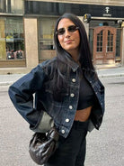 Victoria tailored cropped jacket and pants set in dark denim blue by Lumina Wear, featuring a modern silhouette for women.