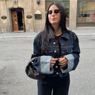 Victoria women's tailored cropped jacket and pants set in dark denim blue by Lumina Wear, featuring a modern silhouette.