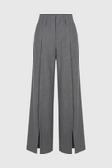 Victoria Lumina gray tailored pleated trousers with stretch comfort, shown on a model, featuring a fitted waist and clean tailoring.