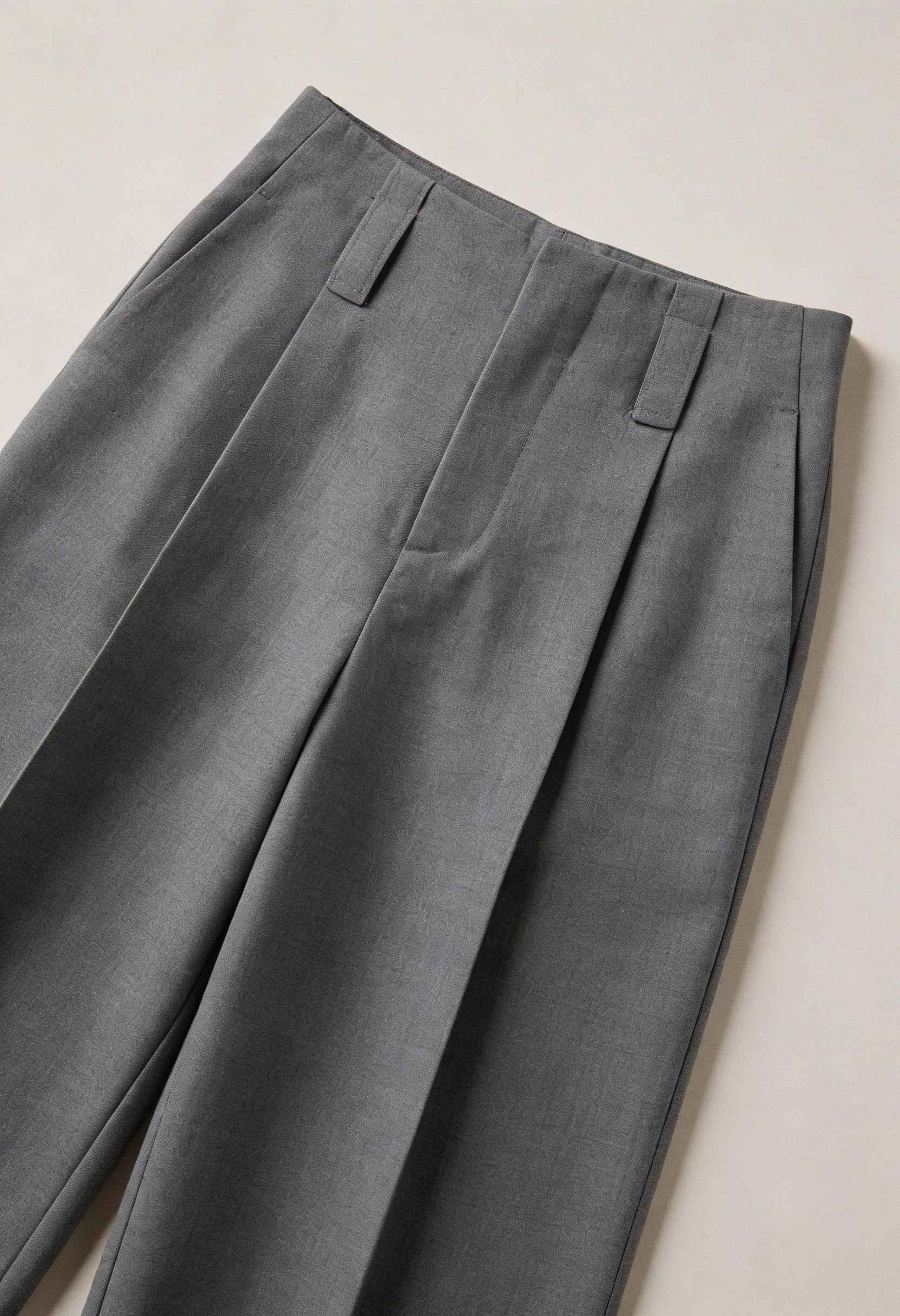 Victoria tailored gray pleated trousers with stretch comfort from Lumina Wear, featuring a sleek fit and classic design.