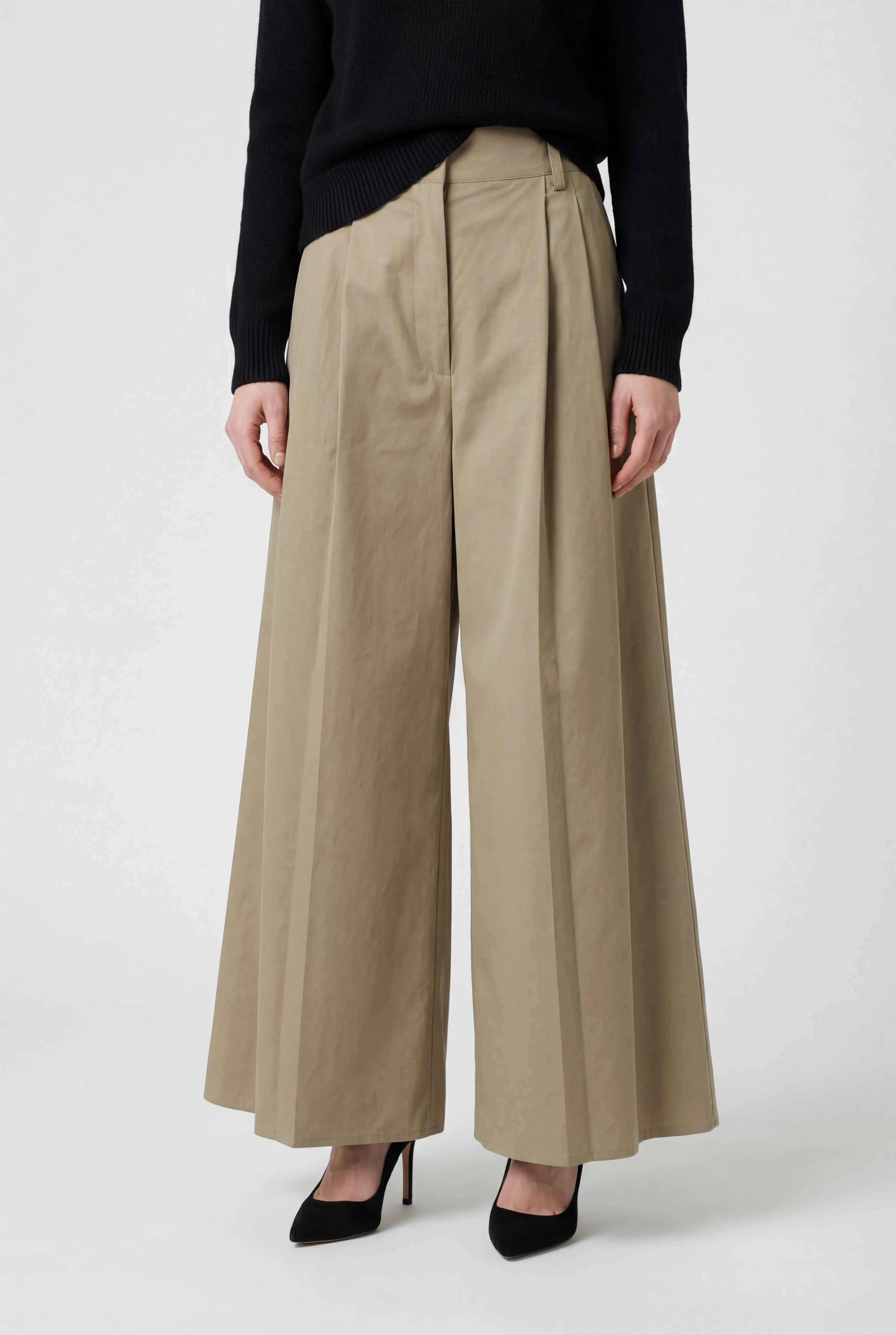 Khaki Victoria Lumina Wear high waist tailored flowy palazzo pants for women, showcasing wide-leg relaxed fit.