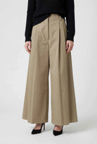 Khaki Victoria Lumina Wear high waist tailored flowy palazzo pants for women, showcasing wide-leg relaxed fit.