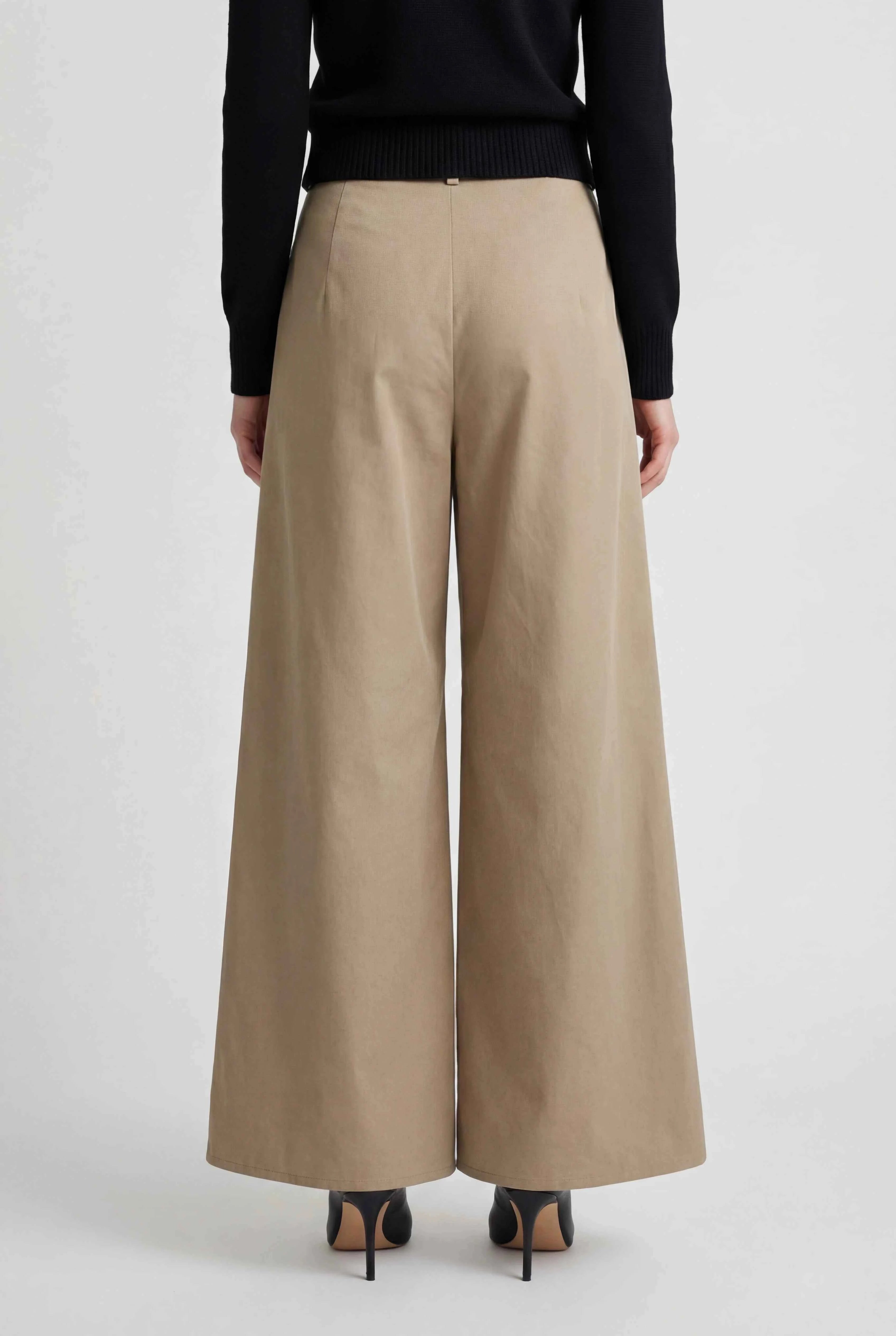 Khaki high waist flowy Palazzo Pants for women by Lumina Wear, tailored with a relaxed, wide-leg fit and elegant drape.