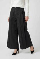 Victoria high-waisted black palazzo pants for women by Lumina Wear, tailored fit with wide-leg design, front pleats and belt loops.