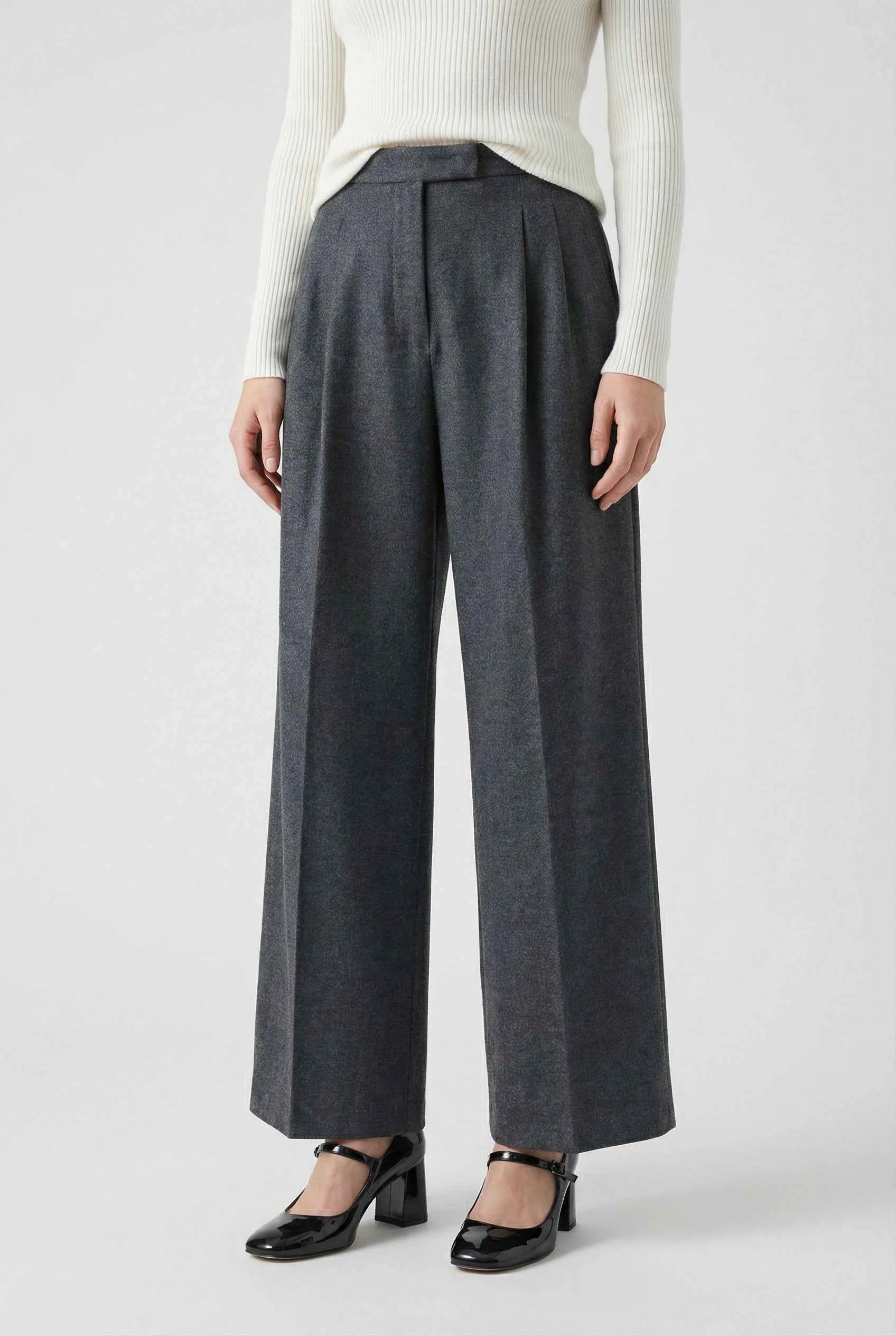 Victoria high-waisted gray trousers by Lumina Wear with elegant draping, tailored fit, and sophisticated style.