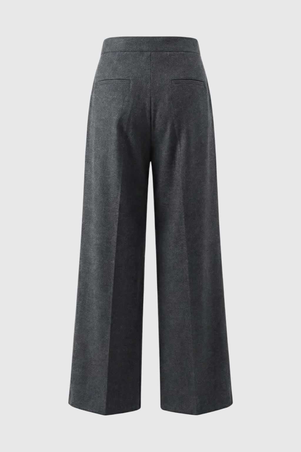 Victoria Lumina Wear high-waisted gray trousers with elegant draping, tailored fit, and a sleek, sophisticated style.