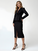 Victoria tailored peplum blazer and skirt set by Lumina Wear, black women's stylish blazer set with coordinated skirt.