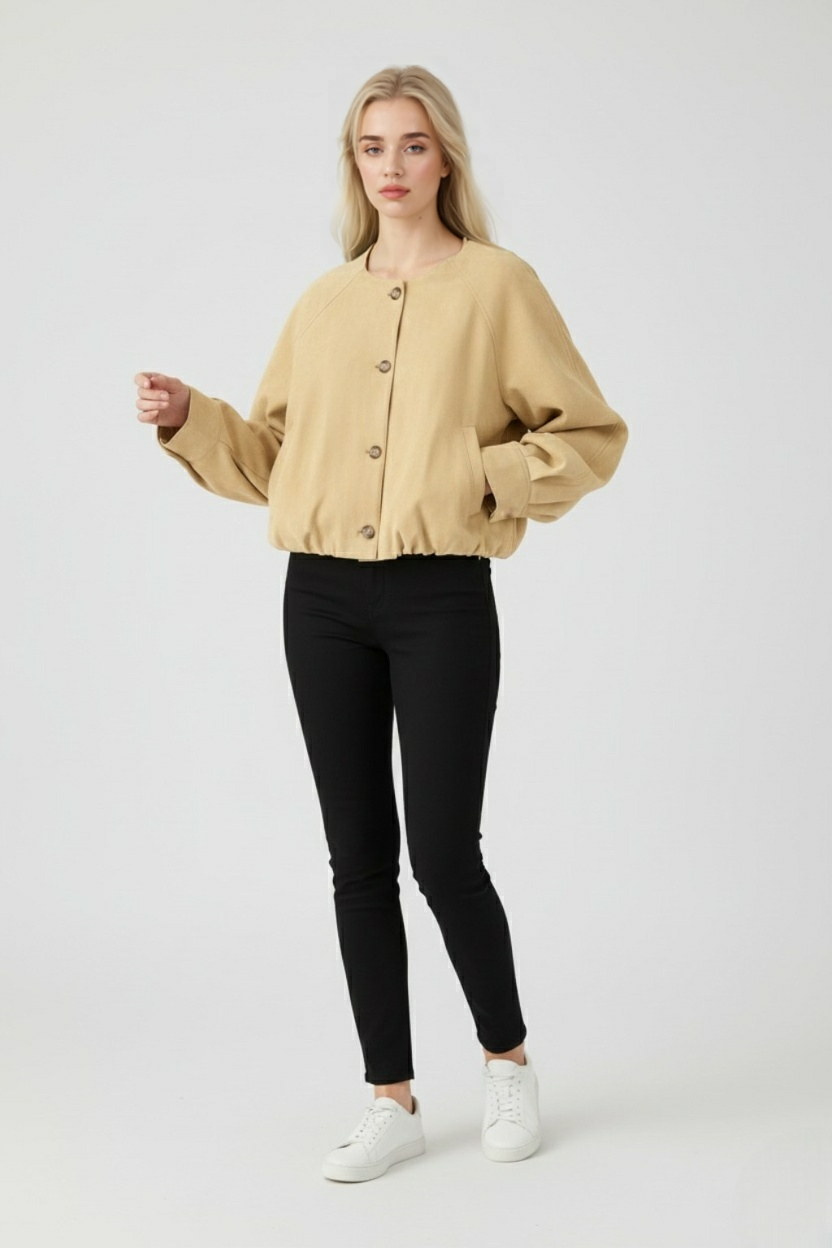 Victoria women's khaki jacket with O-neck design from Lumina Wear, stylish and versatile outerwear for women.