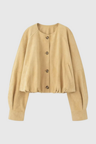 Victoria women's khaki jacket with O-neck design by Lumina Wear, featuring a stylish, timeless fit and casual coat style.