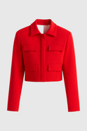 Red Victoria Lumina Wear cropped button jacket with flattering fit, shown on a woman, stylish and trendy outerwear.