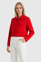 Red Lumina Wear Victoria cropped button jacket for women, stylish with a flattering fit and trendy design.