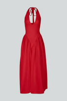 Vibrant red Victoria midi cocktail dress with sculpted fit by Lumina Wear, displayed on a dress form.