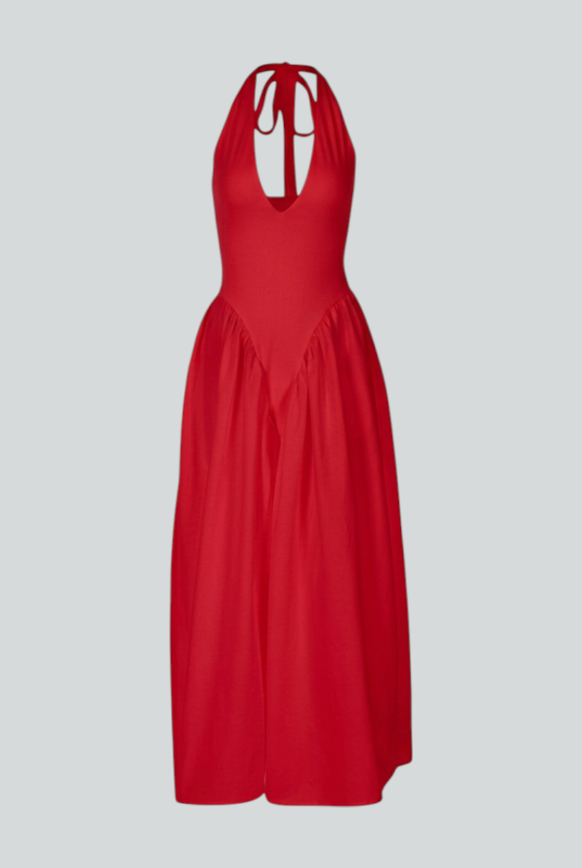 Victoria | Vibrant Red Midi Cocktail Dress with Sculpted Fit