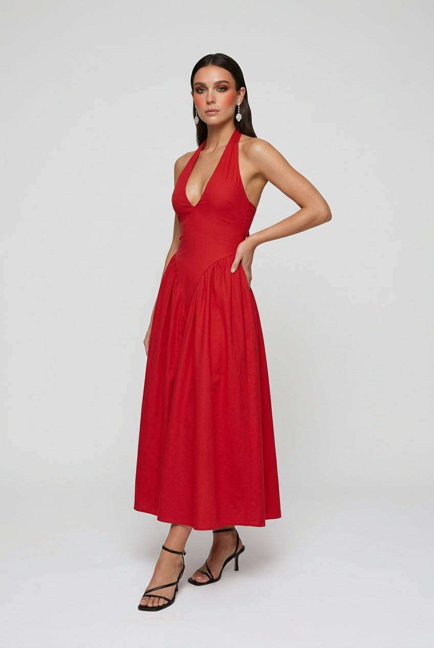 Victoria vibrant red midi cocktail dress by Lumina Wear, featuring a sculpted fit and elegant style.