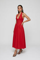 Victoria vibrant red midi cocktail dress by Lumina Wear, featuring a sculpted fit and elegant style.