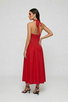 Victoria vibrant red midi cocktail dress by Lumina Wear featuring a sculpted fit and elegant design.