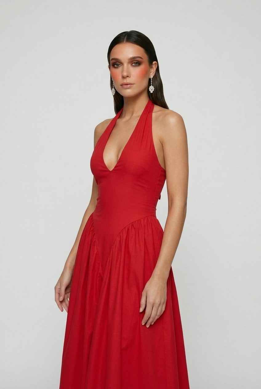 Victoria vibrant red midi cocktail dress by Lumina Wear with a sculpted fit, perfect for elegant events and evening occasions.