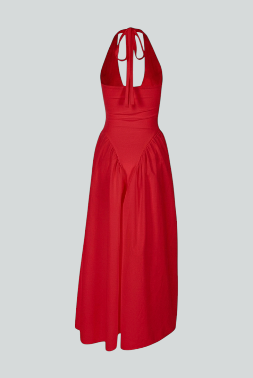 Victoria vibrant red midi cocktail dress by Lumina Wear, sculpted fit, elegant sleeveless design with a chic neckline.