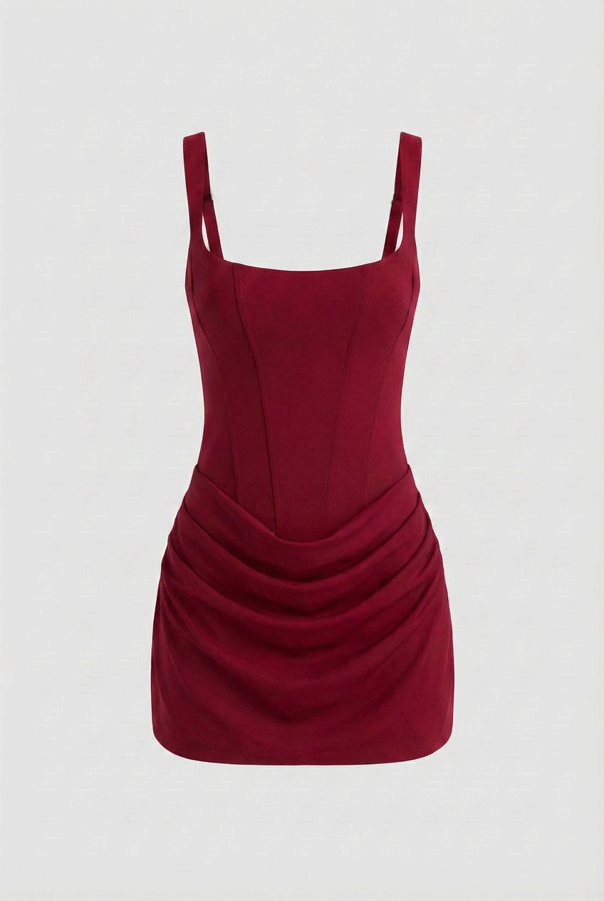 Victoria vibrant red mini dress with corset design by Lumina Wear, featuring fitted bodice and stylish neckline for women.