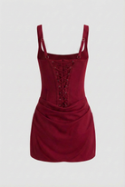 Victoria vibrant red mini dress with corset design by Lumina Wear, featuring a fitted silhouette and stylish details.